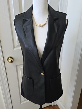 MICHAEL KORS AUTHENTIC BRAND WOMENS BLACK FAUX LEATHER LONG VEST SIZE XS